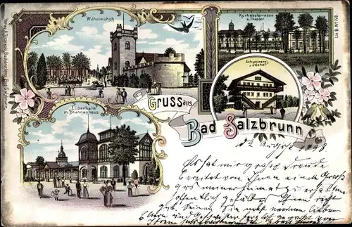 Litho Szczawno Zdrój Bad Salzbrunn Schlesien, Wilhelmshöh, Schweizerei Idahof, Elisenhalle, Theater