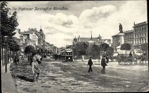 Ak Warszawa Warschau Polen, Krakauer Vorstadt, Straßenpartie, Straßenbahn