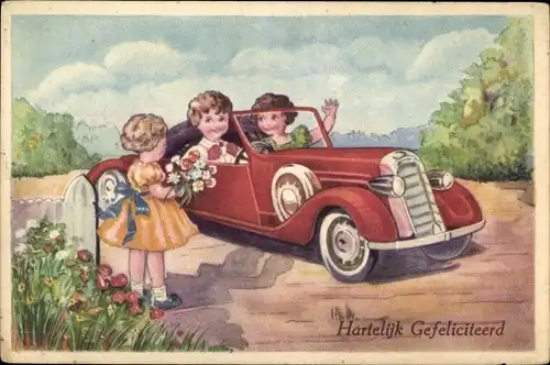 Ak Glückwunsch, Hartelijk Gefeliciteerd, Kinder im roten Auto, Blumen