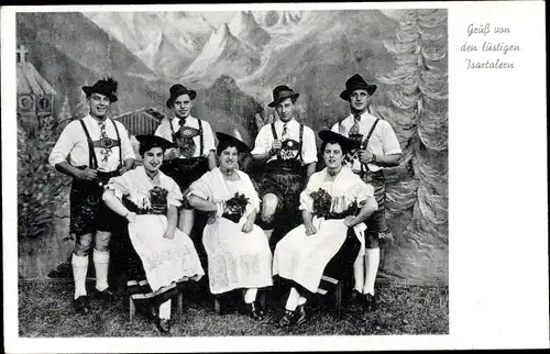 Ak Gruß von den lustigen Isartalern, Künstler in bayrischen Trachten, Lederhosen, Dirndl