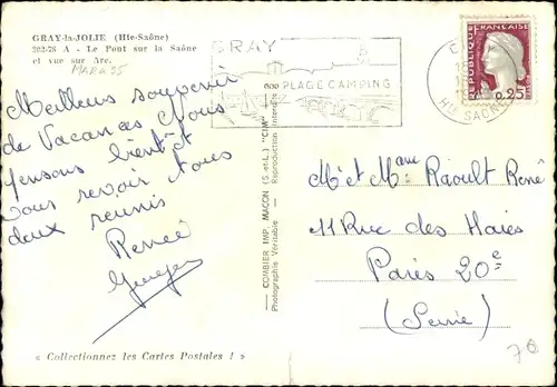 Ak Gray la Jolie Haute Saône, Le Pont sur la Saone et vue sur Arc