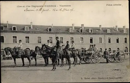 Ak Vincennes Val de Marne, 12 et 13 Regiments d'Artillerie, Piece Attelee