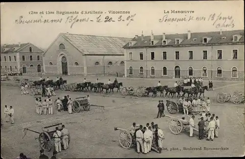 Ak Vincennes Val de Marne, 12 et 13 Regiments d'Artillerie, La Manoeuvre