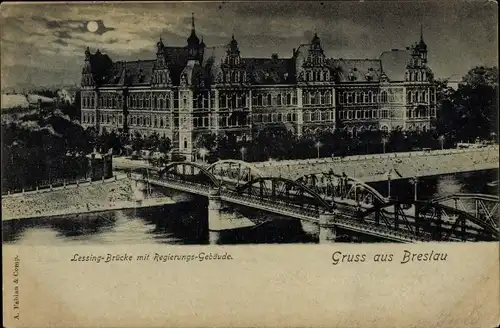 Mondschein Ak Wrocław Breslau Schlesien, Lessingbrücke, Regierungsgebäude