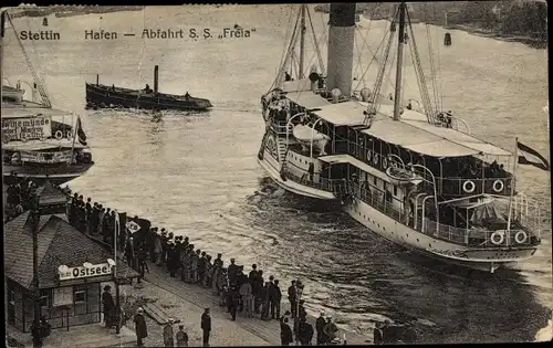 Ak Szczecin Stettin Pommern, Hafen, Abfahrt SS Freia