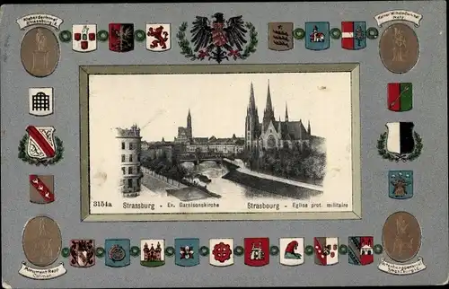 Präge Wappen Passepartout Ak Strasbourg Straßburg Elsass Bas Rhin, Ev. Garnisonskirche