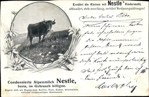 Ak Nestle's Kindermehl, Condensierte Alpenmilch, Kuh, Edelweiß