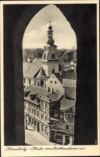 Ak Meuselwitz in Thüringen, Kirche vom Rathausturm aus, Geschäft Heinemann