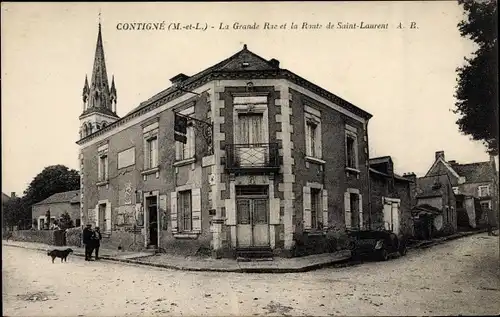Ak Contigné Maine et Loire, La Grande Rue et la Route de Saint Laurent
