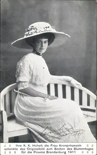 Ak Kronprinzessin Cecilie von Preußen, Portrait mit Hut, Blumentag 1911