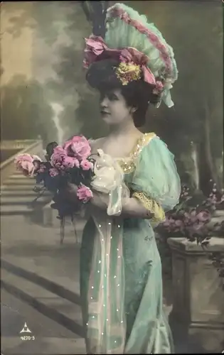 Ak Portrait einer jungen Frau mit Blumenstrauß, Damen-Hut