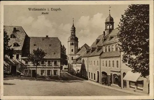 Ak Wolkenstein im Erzgebirge, Partie am Markt mit Kirche