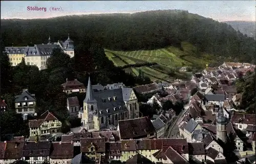 Ak Stolberg Südharz, Stadtpanorama, Glockenturm, Felder, Berge, Waldhang