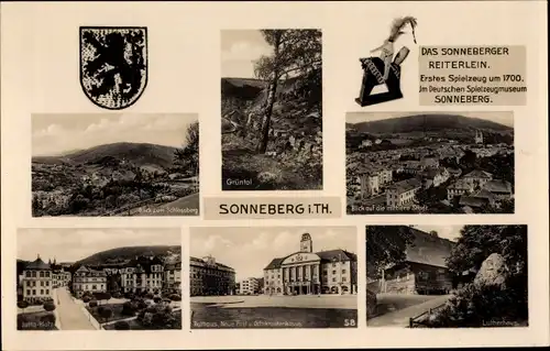 Wappen Ak Sonneberg in Thüringen, Rathaus, Neue Post, Lutherhaus, Ortskrankenkasse, Gesamtansicht
