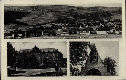 Ak Lauter Bernsbach im Erzgebirge Sachsen, Totalansicht von der oben, Schule, Glocken Ehrenmal