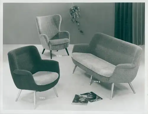 Foto Wohnzimmermöbel, Sitzgruppe, Sofa 494 S, Sessel 494, 499, 50er Jahre, Reklame