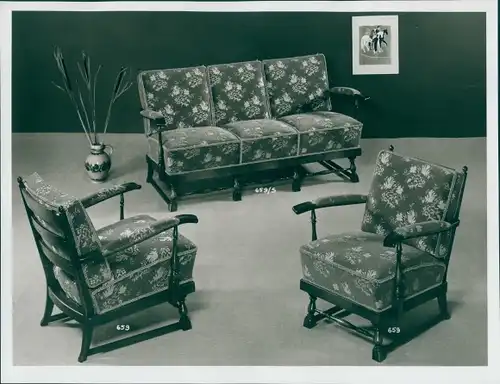Foto Geblümte Wohnzimmermöbel, Sitzgruppe, Sofa 659 S, Sessel 659, 50er Jahre, Reklame