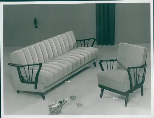 Foto Wohnzimmermöbel, Sitzgruppe, Sofa 612, Sessel 616, 50er Jahre, Reklame