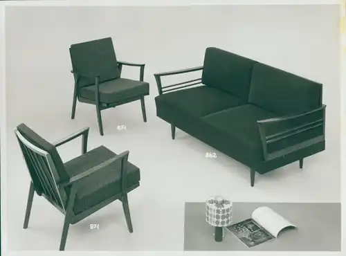 Foto Wohnzimmermöbel, Sitzgruppe, Sofa 862, Sessel 871, 50er Jahre, Reklame