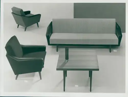 Foto Wohnzimmermöbel, Sitzgruppe, Sofa 791, Sessel 790, Tisch 785, 50er Jahre, Reklame