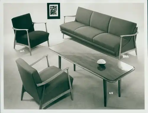Foto Wohnzimmermöbel, Sitzgruppe, Sofa 662, Sessel 663, Tisch 619, 50er Jahre, Reklame