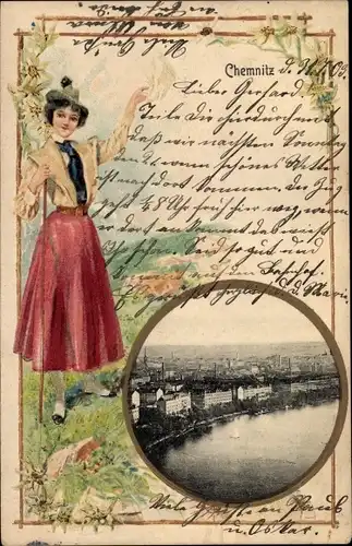 Passepartout Ak Chemnitz in Sachsen, Gesamtansicht, Wanderin
