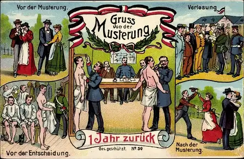 Litho Gruß von der Musterung, Landsturm, Entscheidung, Verlesung