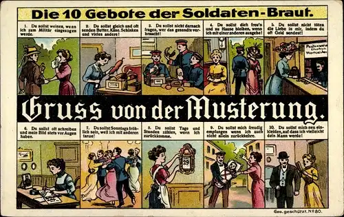 Litho Die 10 Gebote der Soldaten Braut, Gruß von der Musterung