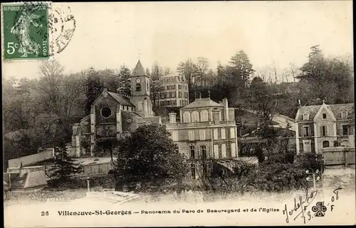 Ak Villeneuve Saint Georges Val de Marne, Panorama du Parc de Beauregard et de l'Eglise