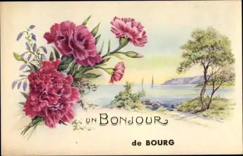 Ak Bourg Ain, Partie am Wasser, Bäume, Blumenstrauß