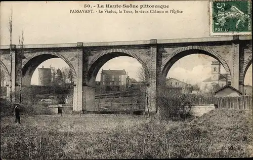 Ak Passavant Haute Saône, Le Viaduc, la Tour, Chateau, Eglise