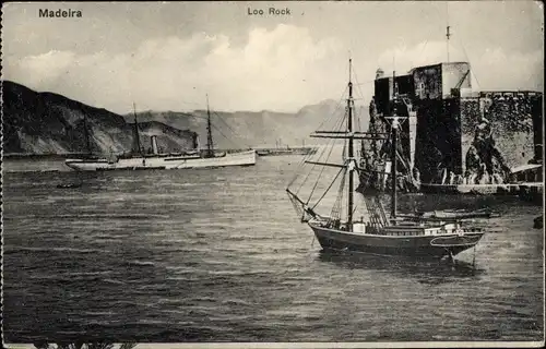 Ak Insel Madeira Portugal, Loo Rock, Segelschiff, Dampfschiff