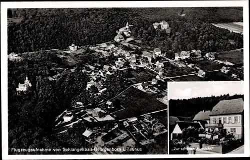 Ak Georgenborn Schlangenbad im Taunus Hessen, Fliegeraufnahme vom Ort, Gasthof Zur schönen Aussicht