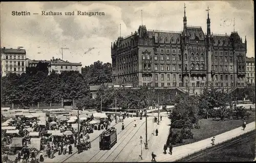 Ak Szczecin Stettin Pommern, Rathaus, Ratsgarten, Straßenbahn