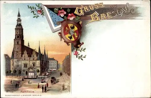 Wappen Litho Wrocław Breslau in Schlesien, Rathaus, Reiterstandbild