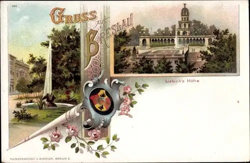 Wappen Litho Wrocław Breslau in Schlesien, Liebichshöhe, Springbrunnen
