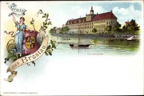 Wappen Litho Wrocław Breslau Schlesien, Universität, Uferpartie