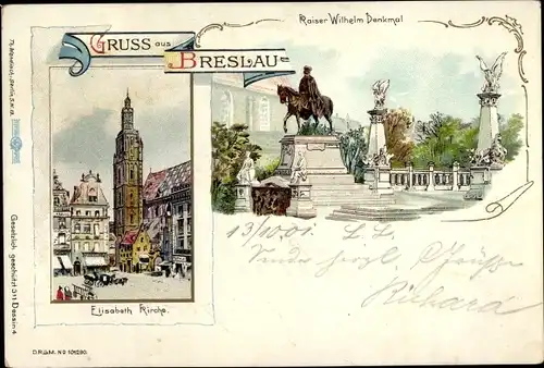 Litho Wrocław Breslau Schlesien, Kaiser Wilhelm Denkmal, Elisabethkirche