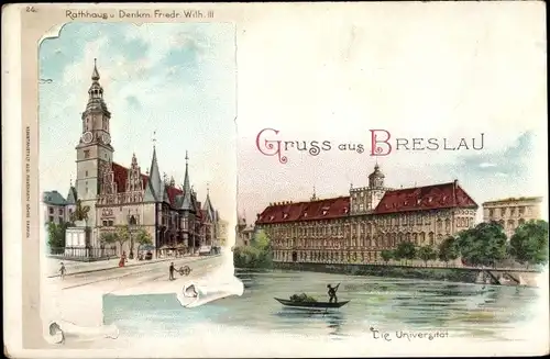 Litho Wrocław Breslau Schlesien, Die Universität, Rathaus und Denkmal Friedrich Wilhelm III.