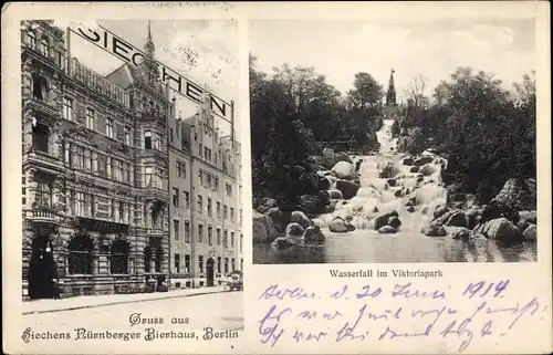 Ak Berlin Kreuzberg, Siechens Nürnberger Bierhaus, Wasserfall im Viktoripark