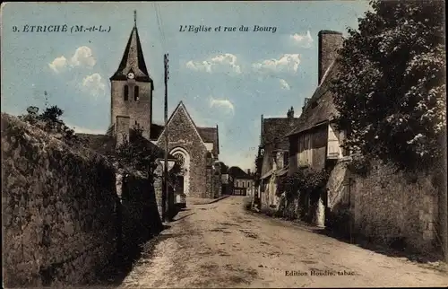 Ak Étriché Maine et Loire, L'Eglise et rue du Bourg