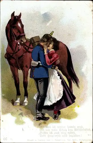 Ak Soldat nimmt von seiner Freundin Abschied, Pferd, Deutscher Soldat im Kaiserreich
