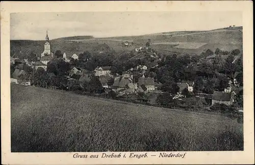 Ak Drebach Erzgebirge, Gesamtansicht der Ortschaft, Niederdorf, Kirche