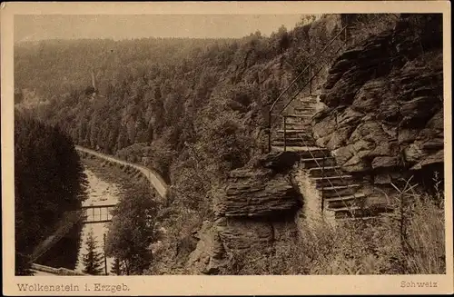 Ak Wolkenstein im Erzgebirge, Schweiz, Treppenaufgang, Fluss, Wald