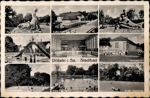 Ak Döbeln in Mittelsachsen, Ansichten des Stadtbads, Haupteingang, Terrassenhof, Liegewiese