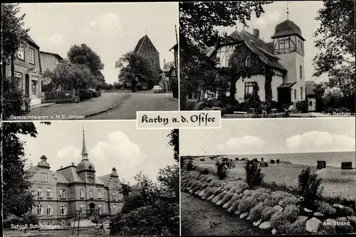 Ak Karby in Schleswig Holstein, Strandpartie, Schloss Schönhagen, Pension Bechler, Gemischtwaren