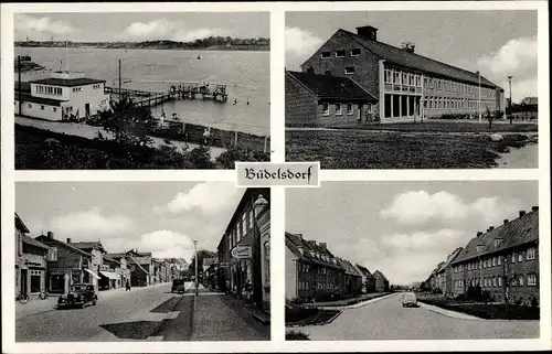 Ak Büdelsdorf in Schleswig Holstein, Seebrücke, Straßenpartie, Ladenzeile
