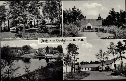 Ak Ovelgönne Hambühren in Niedersachsen, Schule, Kirche, Teich, Lebensmittel Feinkost Kasprowicz