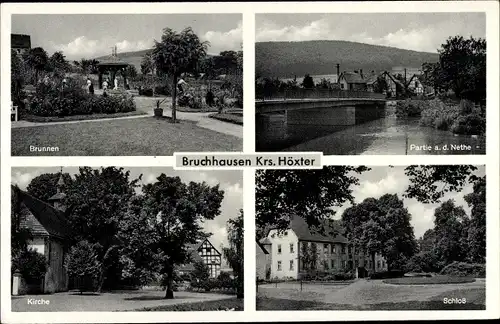Ak Bruchhausen Höxter an der Weser, Nethepartie, Schloss, Kirche, Brunnen