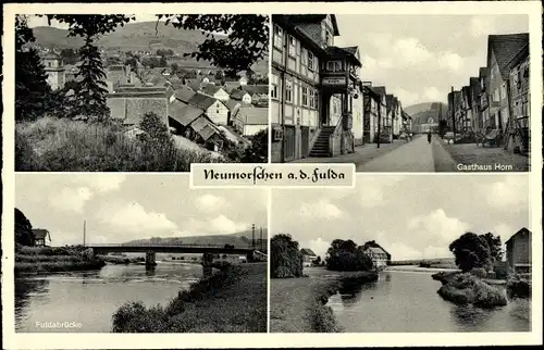 Ak Neumorschen Morschen Hessen, Gasthaus Horn, Fuldabrücke, Blick auf den Ort